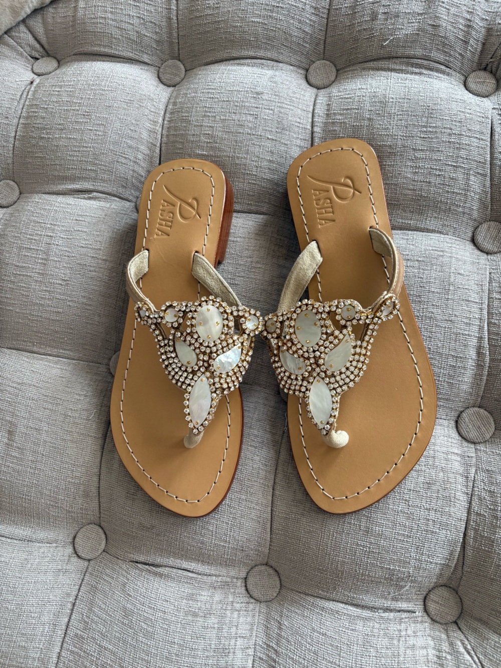 Pasha & Jo Gold Embellished T-Strap Sandals with White Gem Accents